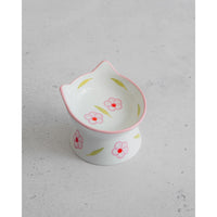 Dexypaws Raised Ceramic Cat Bowl White and Powder Pink Flower Print 7oz